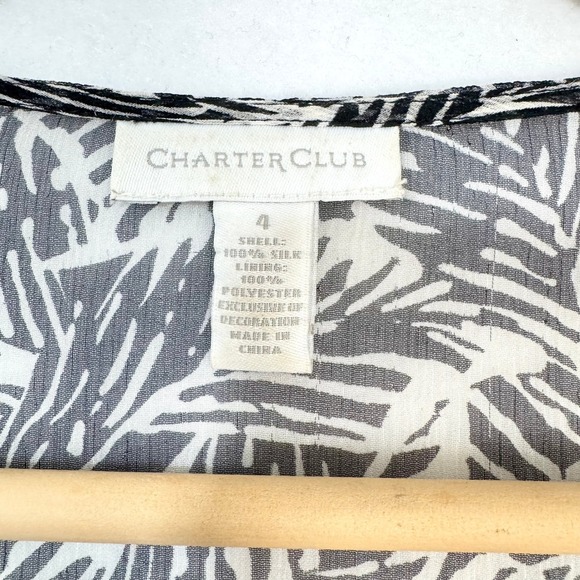 VTG 100% Silk Charter Club Black White Palm Leaf Sequin Sheer V-Neck Blouse Top - Picture 2 of 4
